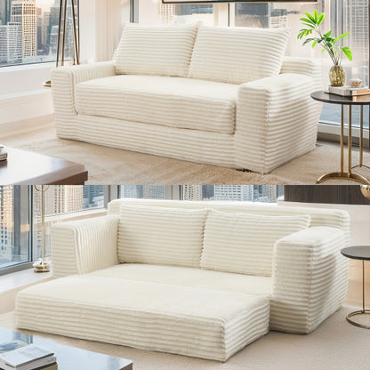 56-Inch Beige Corduroy Memory-Foam Compression Loveseat Sofa-Bed