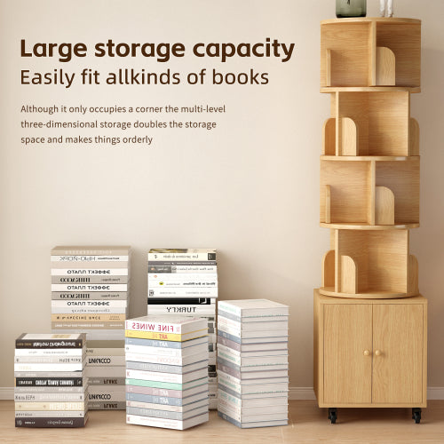 5-Tier Rotating Corner Bookshelf with Double Door Drawer, 360¡ã Revolving Wooden Home Storage Rack