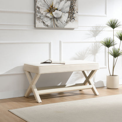 Comfort Double Bench Upholstered in Velvet Fabric,Stool with Stylish X-Crossed Legs,Comfort Cushion with piping,Velvet Beige