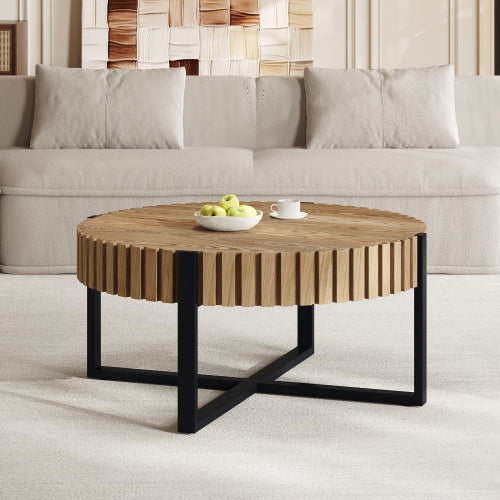 31.5inch  Round Drum Coffee Table MDF Wood Grain Industrial Metal Base