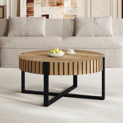 31.5inch  Round Drum Coffee Table MDF Wood Grain Industrial Metal Base