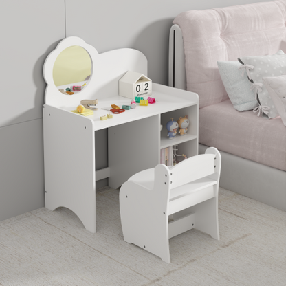 Kids Vanity Table with Mirror and Chair, Wooden Children's Dressing Makeup Desk with Storage Shelves, Playroom Bedroom, White