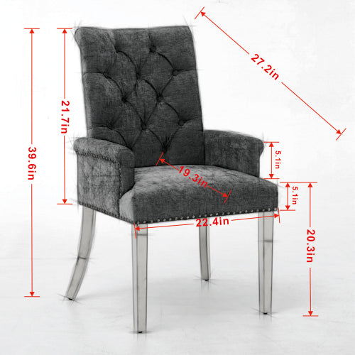 Single Black Tufted High-Back Chenille Arm Dining Chair, Nailhead Trim, S-Spring Cushion, Polished Stainless Steel Legs