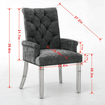 Single Beige Tufted High-Back Chenille Arm Dining Chair, Nailhead Trim, S-Spring Cushion, Polished Stainless Steel Legs
