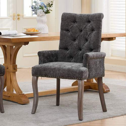 Upholstered Chenille Arm Dining Chair, Tufted Accent Chair with Curved Solid Wood Legs, Gray, Single Pack