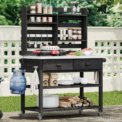 K&K 64.9"H Outdoor Potting Bench Table with Lockable Wheels, Solid Wood Outdoor Kitchen Island with Upper Hutch, Stainless Steel Top, Towel Rack ,Outdoor Storage for Grilling, Lawn Garden -Black