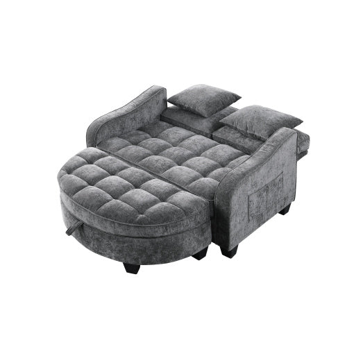 Gray 2-Seater Sofa with Irregular Arms, Storage Footrest & 2 Throw Pillows
