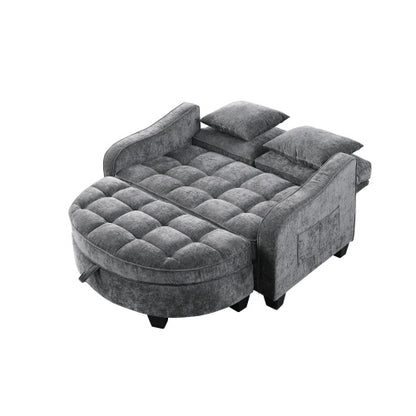 Gray 2-Seater Sofa with Irregular Arms, Storage Footrest & 2 Throw Pillows