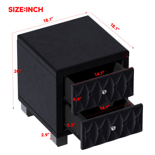 Elegant Velvet Nightstand with 2 Drawers and Crystal Handle, Storage Bedside Table with Button-Tufted, Black