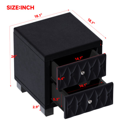 Elegant Velvet Nightstand with 2 Drawers and Crystal Handle, Storage Bedside Table with Button-Tufted, Black