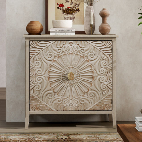 American Style 2-Door Wooden Storage Cabinet Relief Pattern Cabinet With Adjustable Layer Anti-Dumping Design