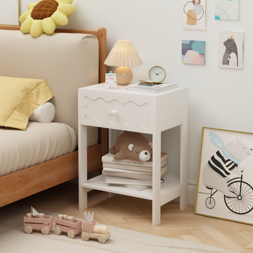 White Nightstand with Drawer and Open Shelf, Modern Wave Pattern Bedside Table, Solid Wood Frame End Table for Bedroom, Living Room, Small Spaces