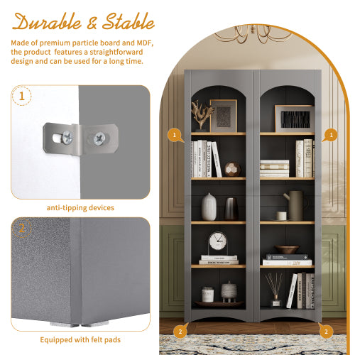 72''H Grey Farmhouse 5-Tier Combined Bookshelf Adjustable Shelf Home Pantry Storage Cabinet Set