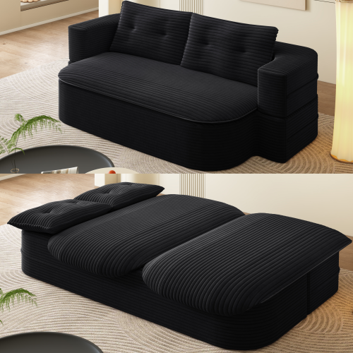 78.7-Inch Black Convertible Corduroy Sleeper Floor Sofa-Bed with Zip-On Blanket & 2 Pillows No-Assembly