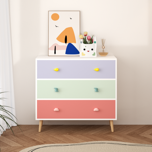 Kids 3 Drawer Dresser, Colorful Baby Nightstand Storage Cabinet, Toddler Bedroom Chest with Cartoon Pulls