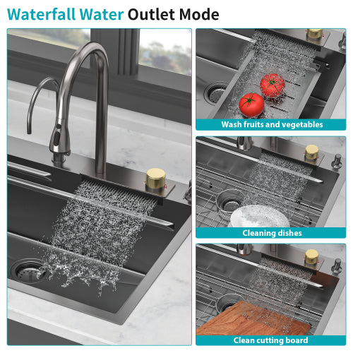 Gunmetal Black Drop in Waterfall Kitchen Sink - 33*22*10 inch Single Bowl 16 Gauge Stainless Steel Ledge Workstation Kitchen Sinks with Pull-Down Faucet & Cup Washer