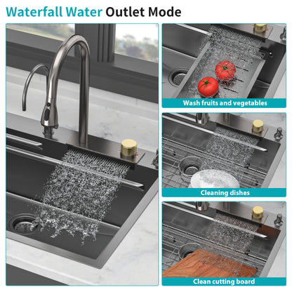 Gunmetal Black Drop in Waterfall Kitchen Sink - 33*22*10 inch Single Bowl 16 Gauge Stainless Steel Ledge Workstation Kitchen Sinks with Pull-Down Faucet & Cup Washer