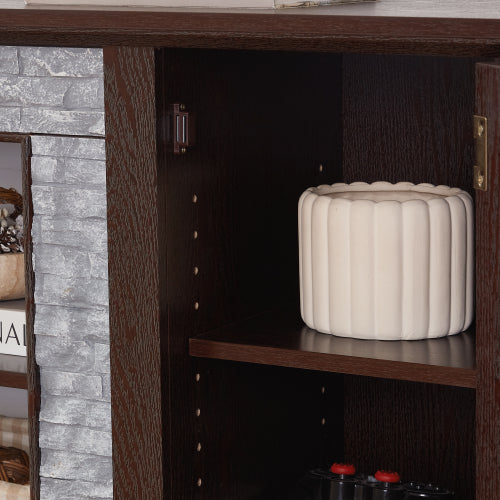70 Inch Cherry Faux Stone 2-Door TV Media Console Adjustable Storage Shelves 6 Cable Holes Holds 75 Inch TV