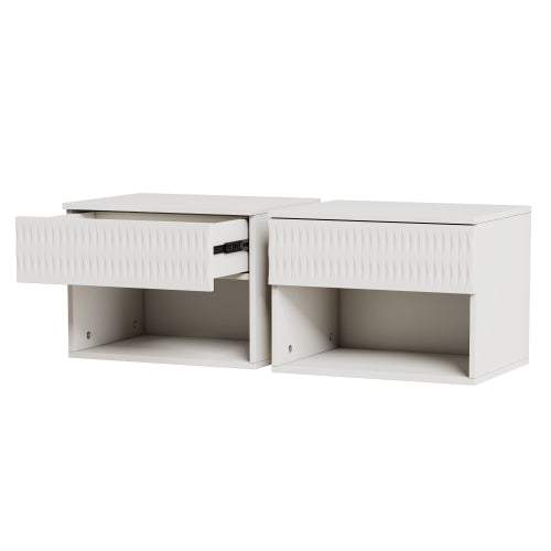 set of 2 nightstand with Stylish Wall-Mounted Cabinet - Dustproof Drawer + Open Area, 3-Stage Rails, Carved Design, Anti-Wobble, DIY-Matchable, Multi-Scene