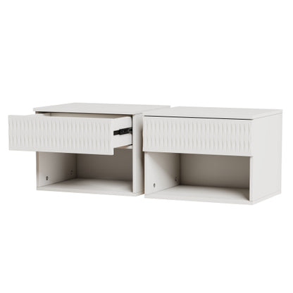 set of 2 nightstand with Stylish Wall-Mounted Cabinet - Dustproof Drawer + Open Area, 3-Stage Rails, Carved Design, Anti-Wobble, DIY-Matchable, Multi-Scene