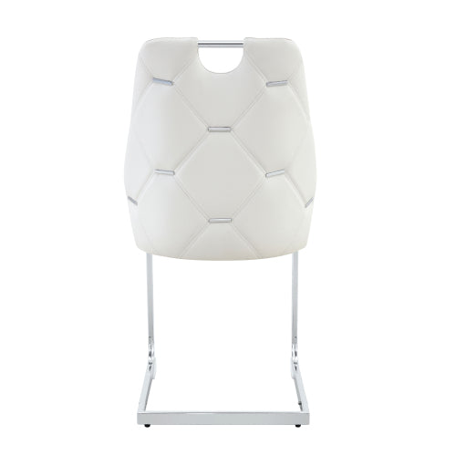 Dining Chairs Set of 4, White Faux Leather Chairs, Gold Mesh Texture & Chrome Pull Handle