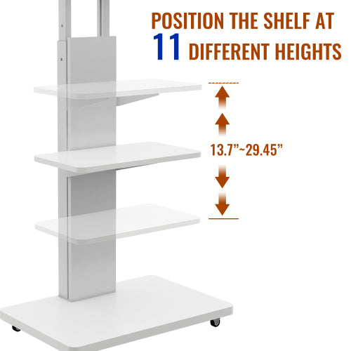 White Mobile TV Cart with Lockable Wheels, Height Adjustable Floor TV Stand for 32-75 Inch TV