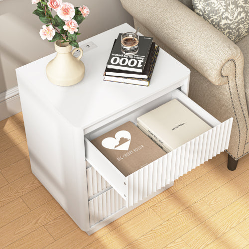 2 Pack White End Table, 3-Drawer Side Table with Fast USB-C Charging Station