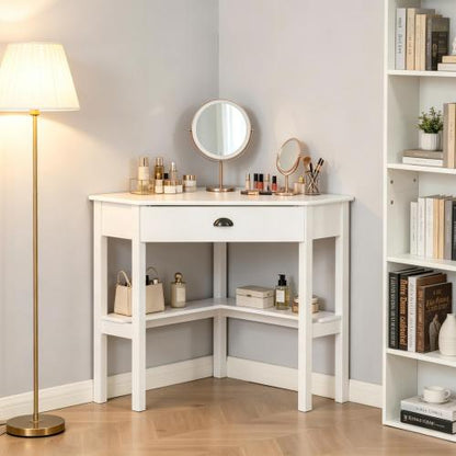 Triangle Corner Vanity Desk, Dressing Table with Drawer & 2 Shelves, 29.5 inch W, White