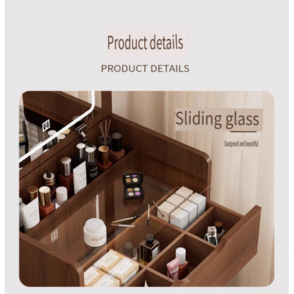Walnut 3-in-1 Vanity Desk with Flip Top Mirror, Visible Glass Desktop, 3 Drawers, Makeup Vanity Set with Stool