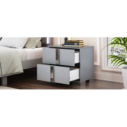 Elegant Nightstand with Metal Foot, Mirrored Bedside Table with 2 Drawers for Bedroom, Living Room, Gray