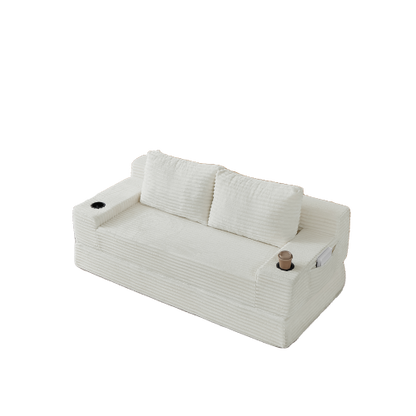 70.8-inch corduroy two-in-one sofa bed, featuring a lounge chair with two throw pillows, built-in cup holders in the armrests, and side storage pockets-ideal for living rooms, bedrooms, and relaxation