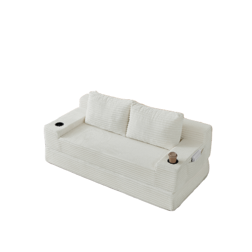 70.8-inch corduroy two-in-one sofa bed, featuring a lounge chair with two throw pillows, built-in cup holders in the armrests, and side storage pockets-ideal for living rooms, bedrooms, and relaxation