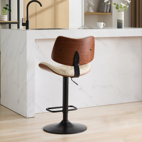 Walnut Bentwood Bar Stools Mid Century Modern Adjustable Counter Height Black Leather Upholstered 360¡ãSwivel Bar Chairs for Kitchen Island/Dining Room/Cafe, 1 chair/1carton,Beige
