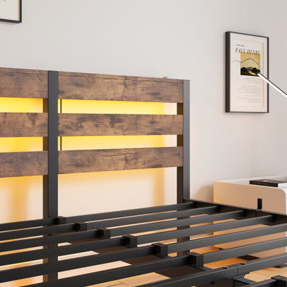 Queen Size  Metal Bed Frame with Wooden Headboard, RGB Lights,Charger, Storage Shelf, Noise-Free, No Box Spring Needed,Rustic Brown