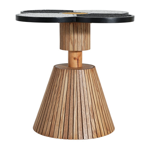 Four-Leaf Clover Decorative Side Table, Stone Texture Top Wood-Grain Base Accent Table