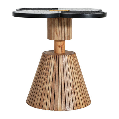 Four-Leaf Clover Decorative Side Table, Stone Texture Top Wood-Grain Base Accent Table