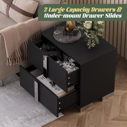 Modern End Table with Drawers, Elegant Nightstand with Metal Foot,Wood Bedside Table with Mirrored Metal Handles,Sofa Side End Table for Bedroom Living Room Office,Black