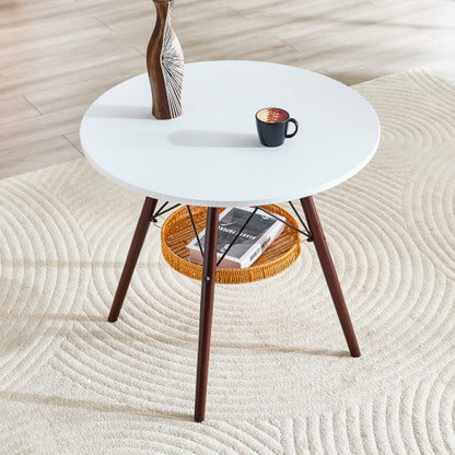 31.5 Inch Round Coffee Table with Woven Basket, White & Walnut