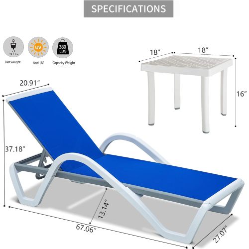 Patio Chaise Lounge Adjustable Aluminum Pool Lounge Chairs with Arm All Weather Pool Chairs for Outside,in-Pool,Lawn (Blue, 1 Lounge Chair+1 Plastic Table)