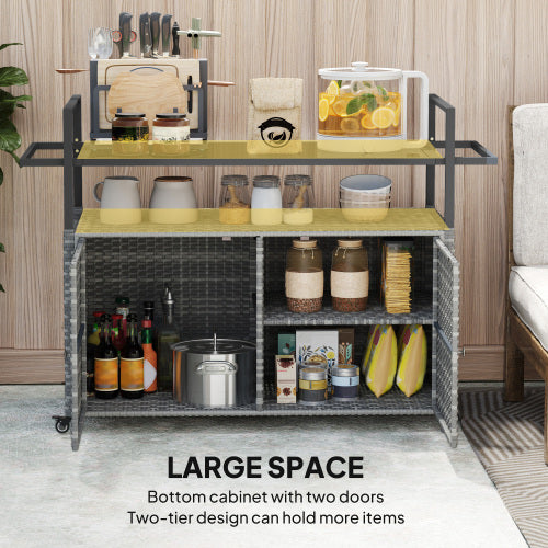 Wicker Outdoor Bar Table with 2-Tier Shelf & Cabinet, Mixed Gray