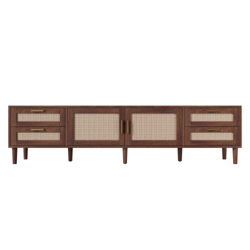 78.7 inch Dark Brown PE Rattan TV Stand 4 Drawers Soft Close Hinges For 85 Inch TV