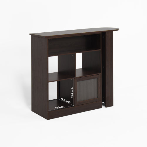Modern Bar Cabinet with Rotating top, Counter Height Dining Cabinet with 6 Storage space and 2 Ribbed Glass Door for Kitchen, The Rotating Top with 3 Storage Shelves Dining Room, Living Room, Walnut