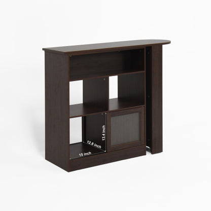 Modern Bar Cabinet with Rotating top, Counter Height Dining Cabinet with 6 Storage space and 2 Ribbed Glass Door for Kitchen, The Rotating Top with 3 Storage Shelves Dining Room, Living Room, Walnut