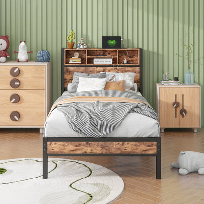 Twin Size Bed Frame with Storage Headboard, Metal Platform Bed with Charging Station,  Bookcase Storage, Easy Assembly