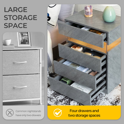 Grey 4-Drawer LED Nightstand with Adjustable Lights