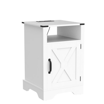 Farmhouse Nightstand with Charging Station, Wooden End Table with Storage Cabinet, White