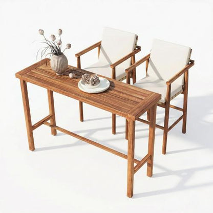 3 Piece Outdoor Bar Set, Patio Acacia Wood Bar Height Table & 2 Stools with Cushions, Wood Dining Bar Set for Backyard, Poolside, Balcony, Beige Cushions