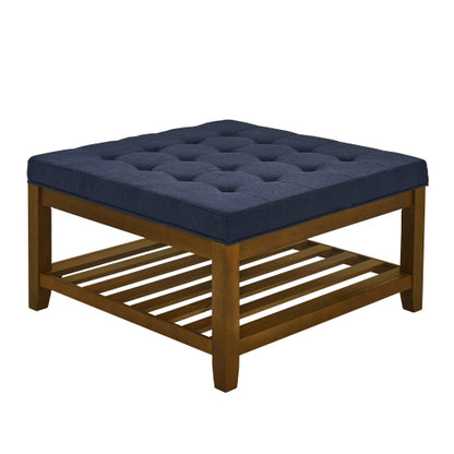 33.5 inch Navy Blue Tufted Linen Square Ottoman Coffee Table, Beech Wood Frame Storage Footrest Stool