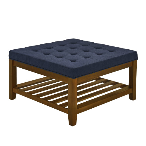 33.5 inch Navy Blue Tufted Linen Square Ottoman Coffee Table, Beech Wood Frame Storage Footrest Stool