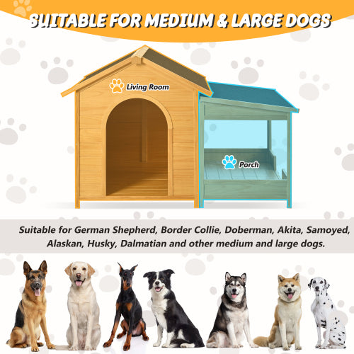 60.2inch Large Wooden Dog House with Porch Cabin Style Dog Crate with Asphalt Roof Nature